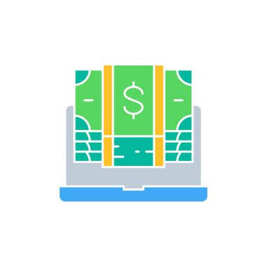 Bilgisayarlı dolar banknotları, nakit ödeme beyaz taslak ikonu. Nakit ödeme, kağıt fatura, dolar sembolü tasarımı. Beyaz arkaplanda izole