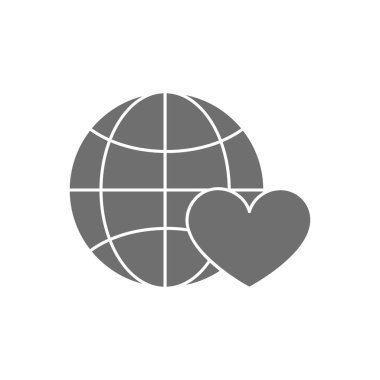 Kalpli bir dünya küresi, sevgi, yardım, bağış... Gri Dolgu ikonu. Küresel teknoloji, internet, sosyal ağ sembolü tasarımı. Beyaz arkaplanda izole