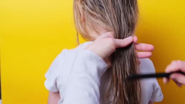 Matka Česá Své Dcery Dlouhé Blond Spletené Vlasy Zblízka Žluté — Stock video