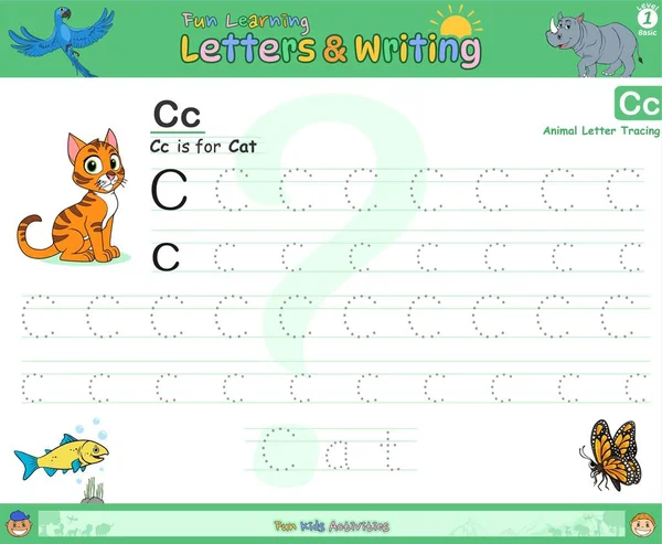 Eğlenceli harfler öğrenmek ve alfabe c yazmak kedi karikatürü ile eğlenceli öğrenme. vektör, yazdırmaya hazır, düzenlemesi kolay. Yazmayı öğrenme eğlenceli.