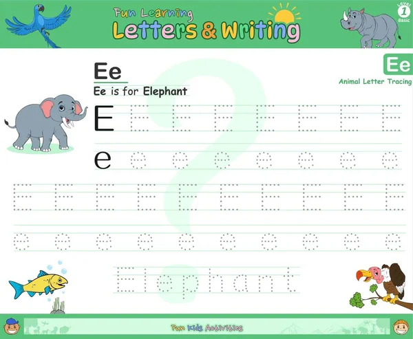 stock vector Fun learning letters and writing alphabet e.Fun learning writing with elephant cartoon.vector, ready to print, easy to edit.fun learning of writing.