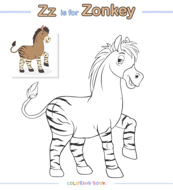 boyama sayfası hayvanı Zonkey karikatürü. vektör, kullanıma hazır, yazdırmaya hazır, düzenlemesi kolay. Hayvan alfabesi harfleriyle eğlenceli boyama. Çizgi film görünümü, temel, seviye 1.