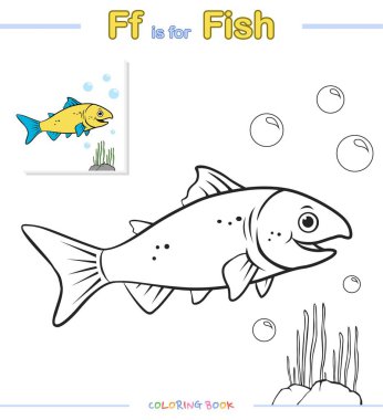 boyama sayfası hayvan balığı karikatürü. vektör, kullanıma hazır, yazdırmaya hazır, düzenlemesi kolay. Hayvan alfabesi harfleriyle eğlenceli boyama. Çizgi film görünümü, temel, seviye 1.