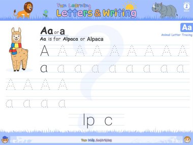 Fun learning letters and writing alphabet a. Fun learning writing with alpaca cartoon. vector, ready to print, easy to edit. fun learning of writing.