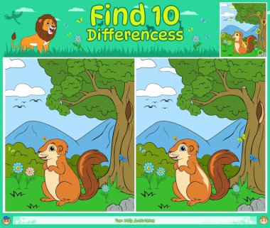 Çayır illüstrasyonunda Xerus veya squrrel çizgi filmi olan çocuklar için farklılık oyunu bul.