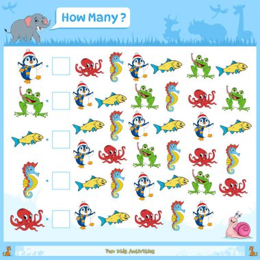 Anaokulu çocukları için sayım oyunu. Eğitici bir matematik oyunu. Kaç tane hayvan sayıp karikatür pengueni, kurbağa, balık, deniz atı ve ahtapot yaz..