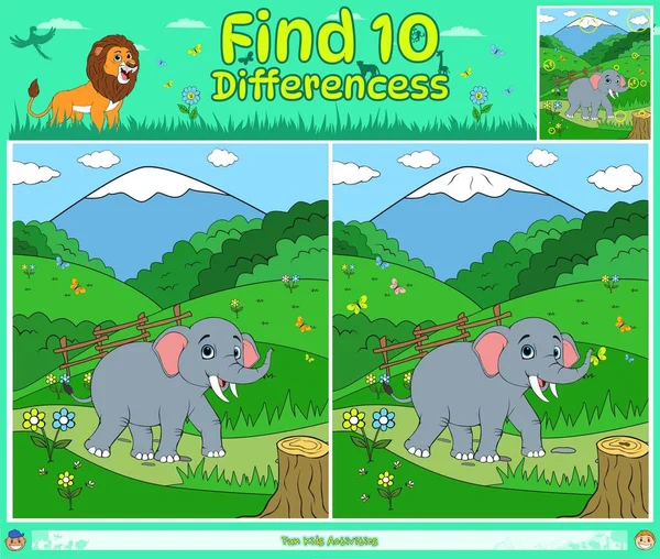 Найти Различия Игры Детей Мультфильмом Слон Лугу — стоковый вектор