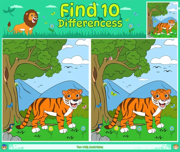 Найти Различия Игры Детей Матч Игры Детей Мультяшный Тигр Лесу — стоковый вектор