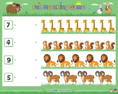 Çocukların oynaması ve öğrenmesi için eğlenceli aktiviteler. Sevimli hayvan karakterleriyle sayıyor, eşleştiriyor. Hadi oynayalım.