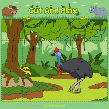 Kes ve hayvan yap-bozu oyna. Yazdırmaya hazır, kullanılmaya hazır, düzenlenmesi kolay, vektör. Cassowary kuş çizgi filmi. Çocuklar için eğitici bir oyun. Çocukların oynaması ve öğrenmesi için eğlenceli aktiviteler.