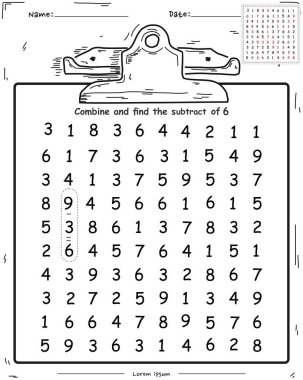 Matematik oyunu 6 'yı çıkarmak için eğlenceli bir birleşim. Çocukların oynaması ve öğrenmesi için eğlenceli aktiviteler.