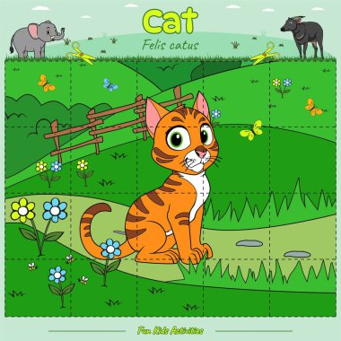 Kes ve hayvan yap-bozu oyna. Yazdırmaya hazır, kullanılmaya hazır, düzenlenmesi kolay, vektör. Kedi çizgi filmi. Çocuklar için eğitici bir oyun. Çocukların oynaması ve öğrenmesi için eğlenceli aktiviteler.