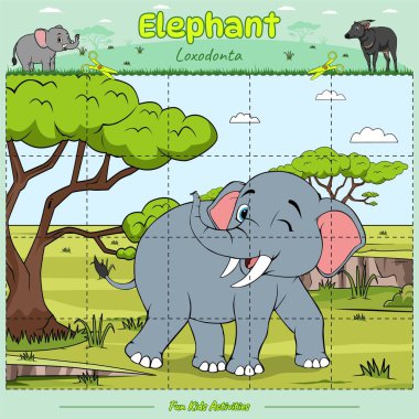 Kes ve hayvan yap-bozu oyna. Yazdırmaya hazır, kullanılmaya hazır, düzenlenmesi kolay, vektör. Fil çizgi filmi. Çocuklar için eğitici bir oyun. Çocukların oynaması ve öğrenmesi için eğlenceli aktiviteler.