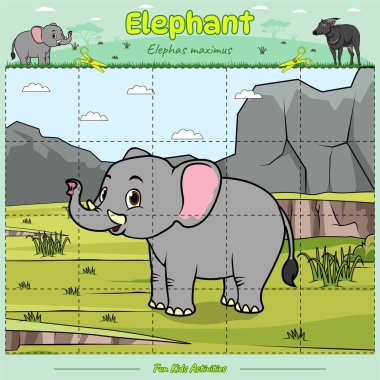 Kes ve hayvan yap-bozu oyna. Yazdırmaya hazır, kullanılmaya hazır, düzenlenmesi kolay, vektör. Fil çizgi filmi. Çocuklar için eğitici bir oyun. Çocukların oynaması ve öğrenmesi için eğlenceli aktiviteler.