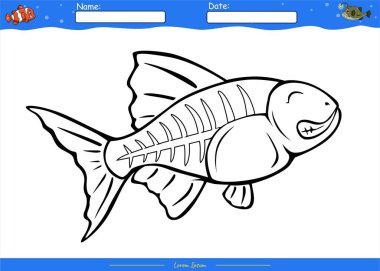 Sevimli çizgi filmlerle boyama sayfası. Röntgen balığını boyama sayfası. Çocuklar için eğitici bir oyun. Çocukların oynaması ve öğrenmesi için eğlenceli aktiviteler.