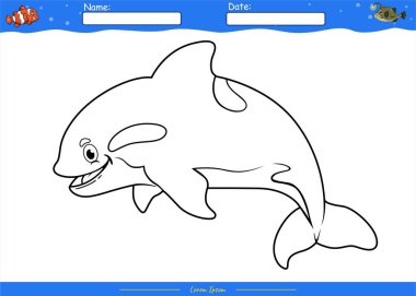 Sevimli çizgi filmlerle boyama sayfası. Orca boyama sayfası. Çocuklar için eğitici bir oyun. Çocukların oynaması ve öğrenmesi için eğlenceli aktiviteler.
