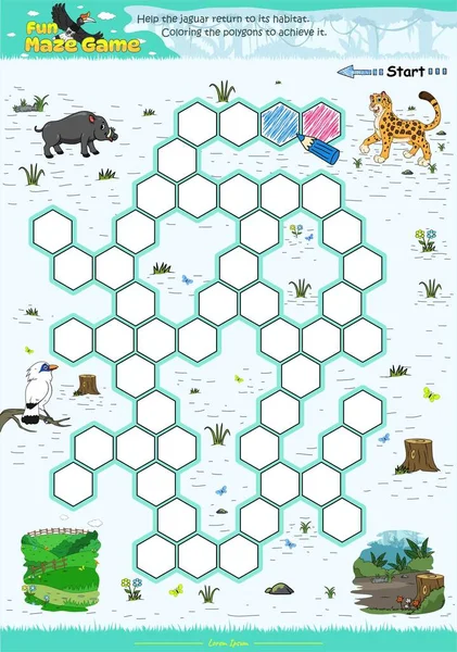 Maze Game, çokgenleri renklendirerek jaguarın yaşam alanına ulaşmasına yardımcı olur. Kullanıma hazır, düzenlemesi kolay, yazdırmaya hazır, yönlendirmeye hazır. Eğlenceli çocuk aktiviteleri, çocuklar için eğlenceli bulmaca oyunu. hayvan bulmaca oyunu