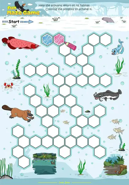 Maze Game, çokgenleri renklendirerek Arowana 'nın yaşam alanına ulaşmasına yardımcı olur. Kullanıma hazır, düzenlemesi kolay, yazdırmaya hazır, yönlendirmeye hazır. Eğlenceli çocuk aktiviteleri, çocuklar için eğlenceli bulmaca oyunu. hayvan bulmaca oyunu