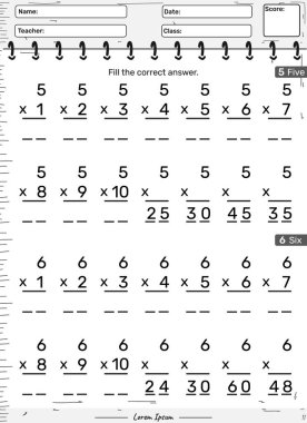 Çocukların oynaması ve öğrenmesi için beş, altı, beş ve altıncı eğlenceli aktiviteleri çarpmak eğlenceli bir matematik oyunu..