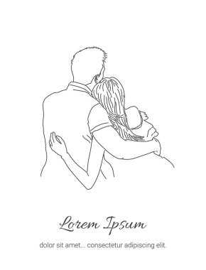 Birbirine aşık bir çift. Bir adam bir kadını kollarında tutuyor. Çizgi Sanat Kadını Düşünüyor