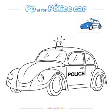 Coloring pages and learning the alphabet with cute cartoons. Coloring page Police car. Educational game for children. fun activities for kids to play and learn. clipart