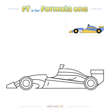 Coloring pages and learning the alphabet with cute cartoons. Coloring page Formula one. Educational game for children. fun activities for kids to play and learn. clipart