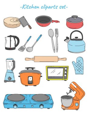 Kitchen cliparts set vector flat doodle illustration. collection of Kitchen themed illustrations. additional elements on the kitchen background clipart