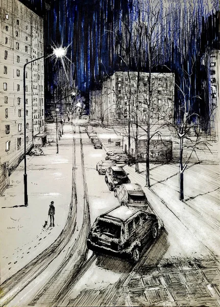Graphics ink. Winter evening in the city. Walk with the dog.