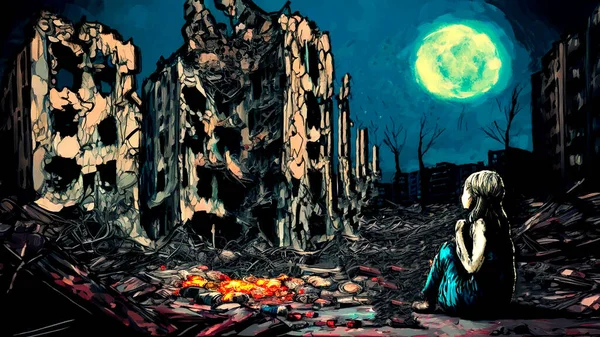 Війна Україні Зруйноване Місто Самотня Дівчина Під Місяцем — стокове фото