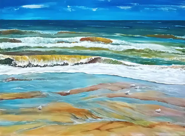 Tuval üzerinde akrilik bir tablo. Yaz denizi ve martılar. Akrilik resim. 