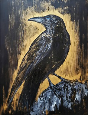 Tanrı Odin 'in Kuzgunu (Wotan). Tahtada akrilik ve yaldızlı.