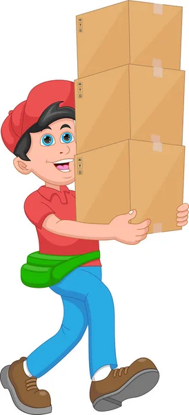 Delivery Boy Carrying Heavy Boxes — Stock Vector