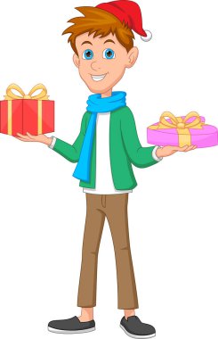 Mutlu çizgi film çocuğu elinde bir hediye tutuyor.