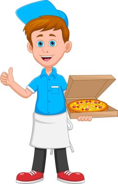 Elinde pizza tutan sevimli teslimatçı.