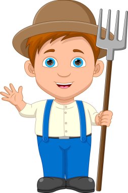 Mutlu çiftçi çocuk elinde tırmıkla