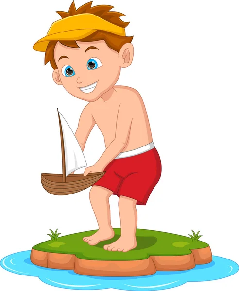 Kleiner Junge Spielt Spielzeug Segelboot — Stockvektor