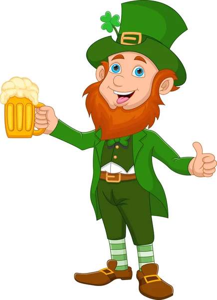 Happy Leprechaun Holding Beer — Stock Vector