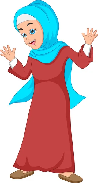 Kartun Gadis Muslim Melambaikan Tangan - Stok Vektor