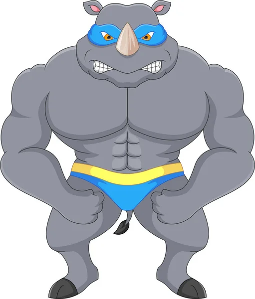Muscle Rhino Cartoon White Background — Vetor de Stock