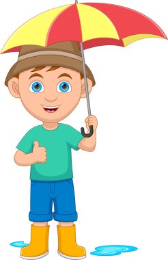 Şemsiye tutan sevimli çocuk.