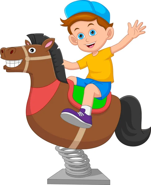 快乐的男孩骑着摇曳的马 — 图库矢量图片