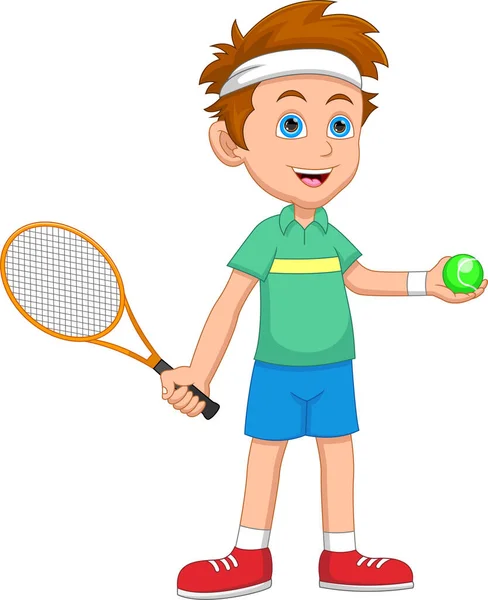 Pequeno Menino Jogador Tênis Desenho Animado — Vetor de Stock
