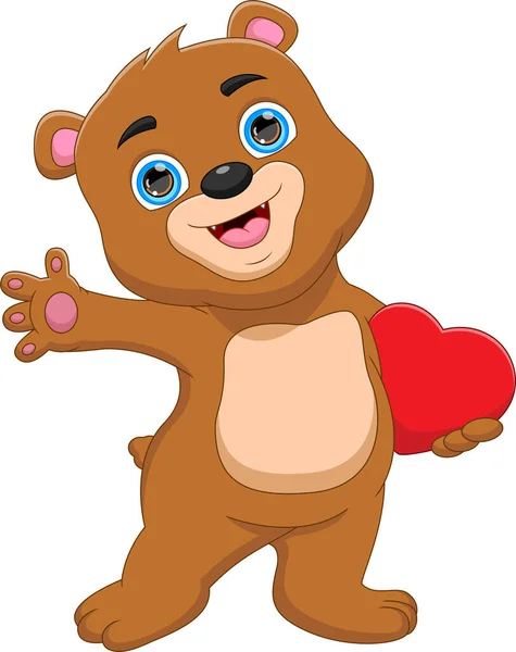 Милый Ребенок Медведь Мультфильм Размахивая Держа Знак Любви Сердце — стоковый вектор