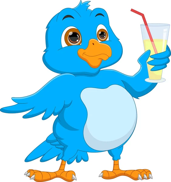 卡通人物 可爱的蓝鸟 在杯子里喝酒 — 图库矢量图片