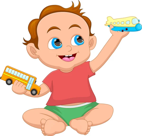 Schattig Jongetje Met Een Vliegtuig Speelgoed Een Bus Speelgoed — Stockvector