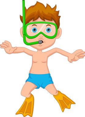 Beyaz arka planda izole edilmiş şnorkelli çocuk çizgi filmi