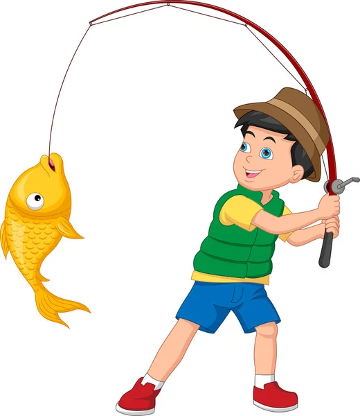 Bonito Menino Pesca Desenhos Animados Fundo Branco —  Vetores de Stock