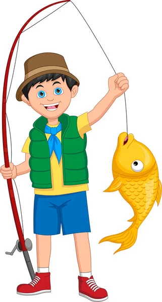 Милий Хлопчик Риболовля Мультфільм Білому Тлі — стоковий вектор