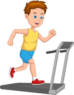 Çocuk koşu bandında koşuyor.