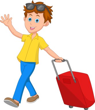 young boy waving and carrying a suitcase